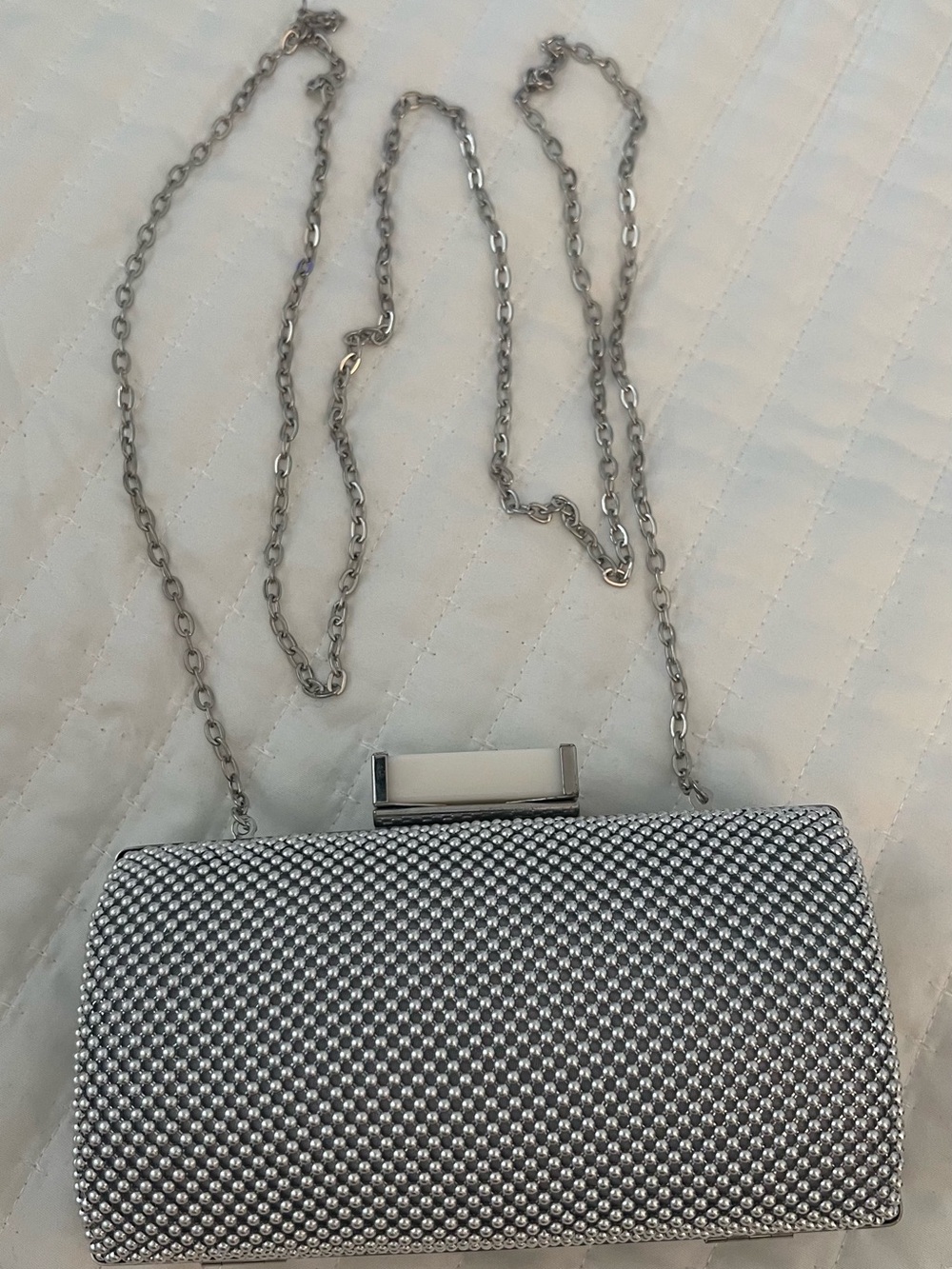 Jessica McClintock Silver Beaded Chain Clutch